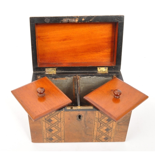 244 - A 19th century walnut Tunbridge inlaid tea caddy box. The tea caddy having a domed lid, with Tunbrid... 