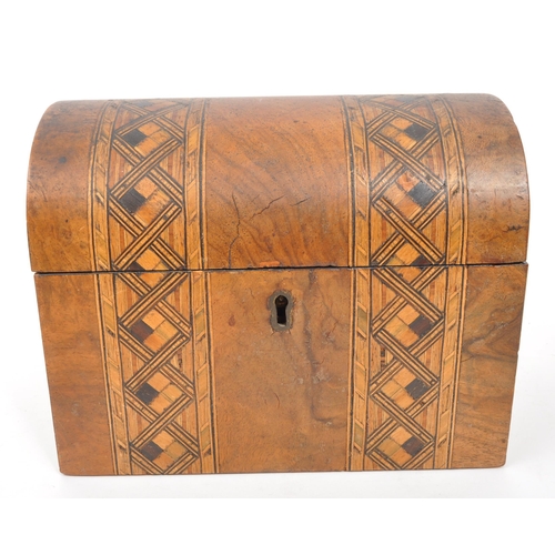 244 - A 19th century walnut Tunbridge inlaid tea caddy box. The tea caddy having a domed lid, with Tunbrid... 