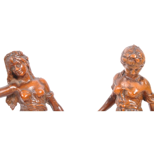 271 - A pair of bronze figurines in the form of ladies with draped clothing raised upon turned circular ba... 