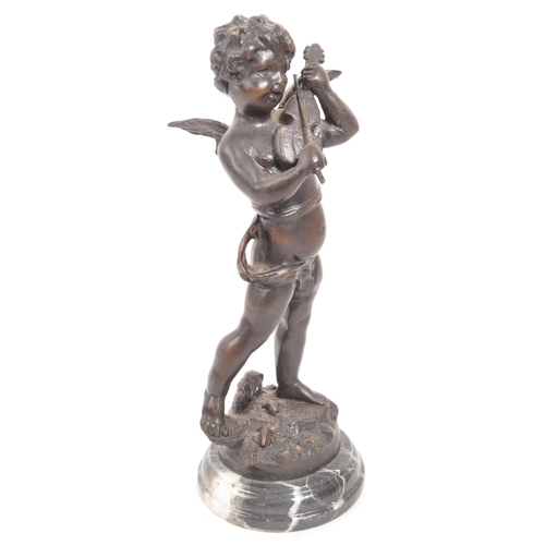 274 - A reproduction bronze figure in the form of a cherub / putti playing the violin, raised on a circula... 