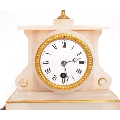 291 - A 20th century glass domed alabaster mantel clock. The clock on an oval wooden base. Having an alaba... 