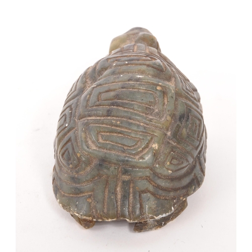 294 - A 19th Century Chinese soap stone carved figure in the form of a tortoise, engraved C. Tandi to base... 