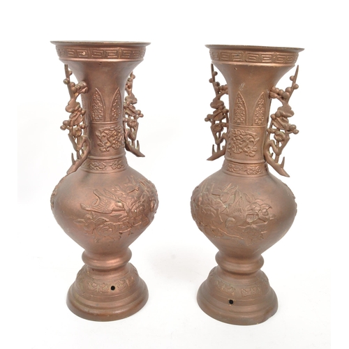 295 - A pair of early 20th Century Chinese circa 1930s spelter twin vase lamp conversions having cherry bl... 