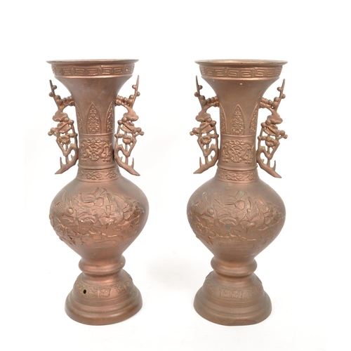 295 - A pair of early 20th Century Chinese circa 1930s spelter twin vase lamp conversions having cherry bl... 