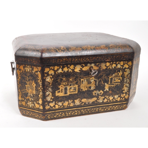 298 - A 19th Century Canton lacquered box having swing handles to sides and gilt painted oriental designs ... 