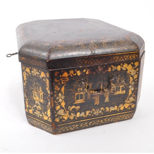 298 - A 19th Century Canton lacquered box having swing handles to sides and gilt painted oriental designs ... 