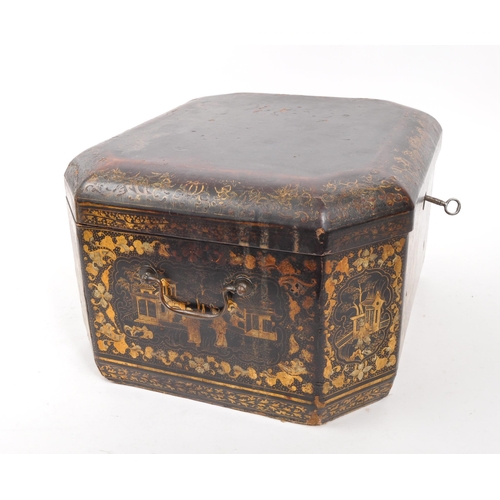 298 - A 19th Century Canton lacquered box having swing handles to sides and gilt painted oriental designs ... 