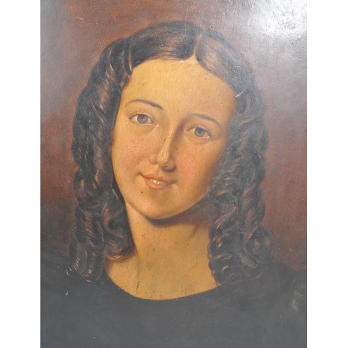 471 - A 19th Century oil on board portrait / bust painting of a young woman with curly hair looking out to... 