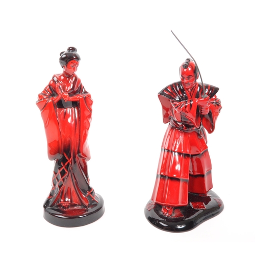 53 - Royal Doulton - A pair of porcelain china Royal Doulton Flambe figurines comprising of Samurai Warri... 