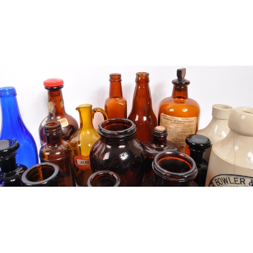 134 - A large collection of early 20th Century and later coloured glass bottles to include medicinal and p... 