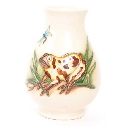 159 - Moorcroft Pottery - Contemporary bud / stem ceramic vase. Toad with dragonfly design. Signed KW 2009... 