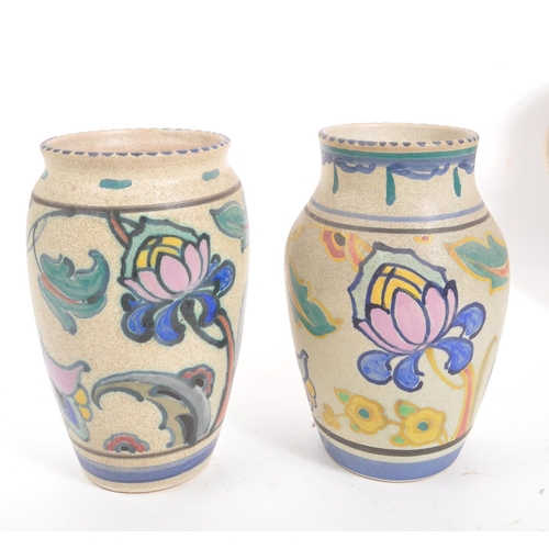 187 - A collection of vintage 20th century Honiton, Devon stoneware pottery jugs and vases. Hand painted, ... 