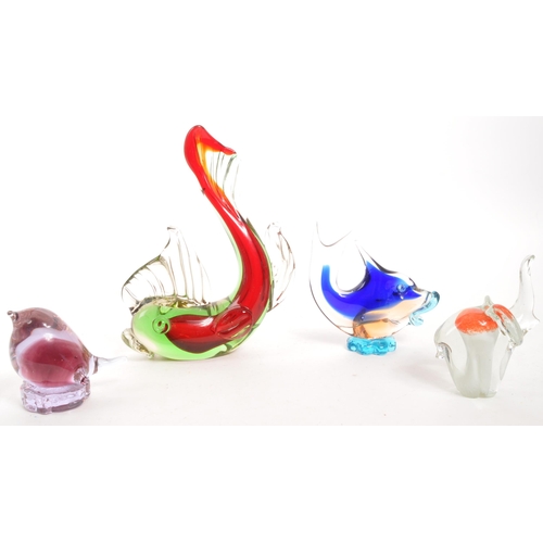 197 - A collection of three 20th century Murano glass animal figures to include two fish, a bird and an el... 