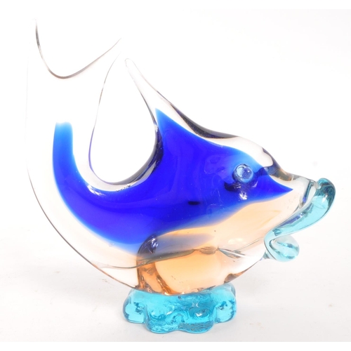 197 - A collection of three 20th century Murano glass animal figures to include two fish, a bird and an el... 