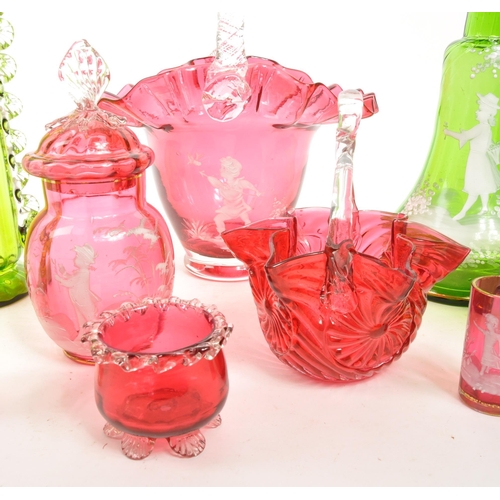 198 - A collection of 19th century Mary Gregory emerald and cranberry glass. The collection comprising of ... 