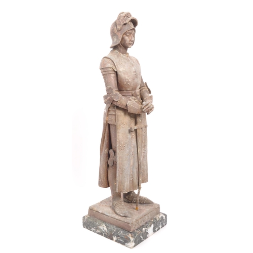 207 - An early 20th century cast metal figure / statue of Joan of Arc. Standing upright with Knight's armo... 