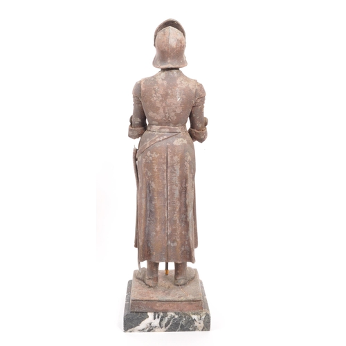 207 - An early 20th century cast metal figure / statue of Joan of Arc. Standing upright with Knight's armo... 