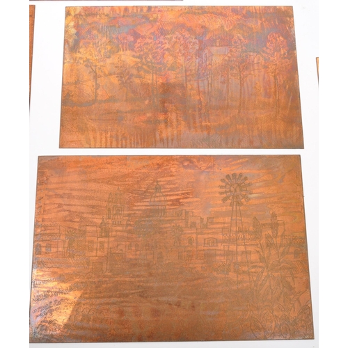 208 - A collection of pictorial printing plates in copper for various scenes. Copper metal construction, s... 