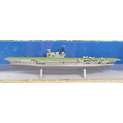 233 - H. M. S. Victorious - A vintage 20th century handmade model aircraft carrier vessel boat. In a glass... 