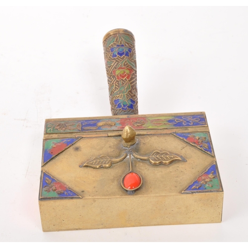 262 - A Chinese brass hot water iron / box warmer with jewel and enamel top. Having hinged lid with floral... 