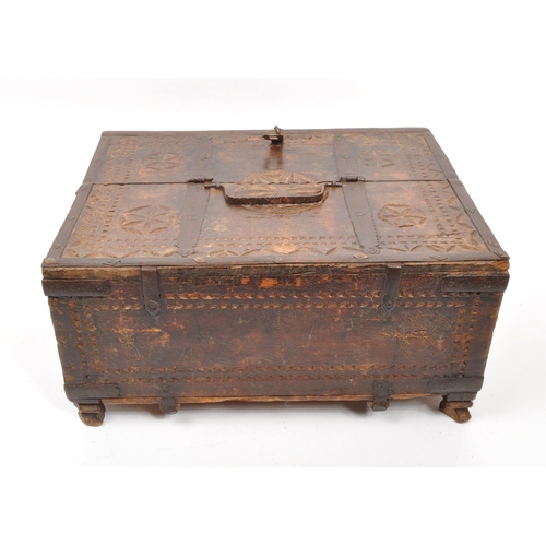 279 - A 17th Century Indian hand carved sandalwood dowry box / chest with folding lid and long iron hinges... 