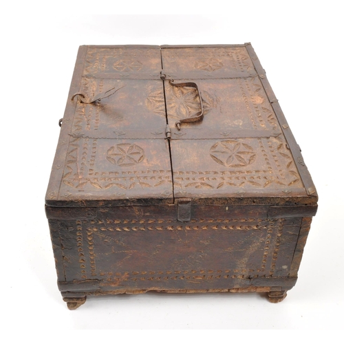 279 - A 17th Century Indian hand carved sandalwood dowry box / chest with folding lid and long iron hinges... 