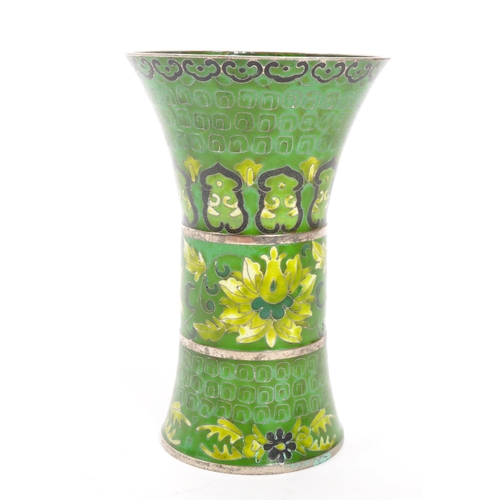 292 - A 19th Century Chinese cloisonne enamel green vase of beaker shape. The vase having decorative flora... 