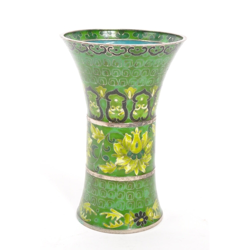 292 - A 19th Century Chinese cloisonne enamel green vase of beaker shape. The vase having decorative flora... 