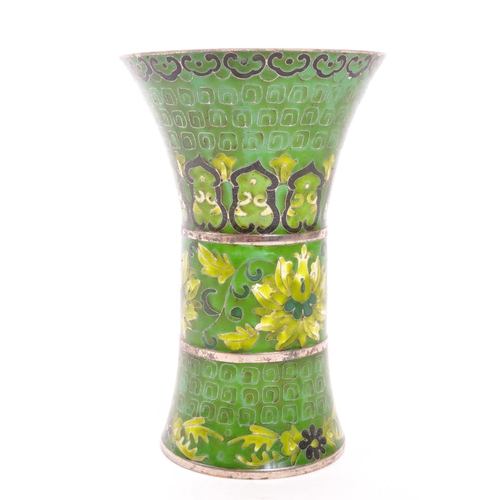 292 - A 19th Century Chinese cloisonne enamel green vase of beaker shape. The vase having decorative flora... 