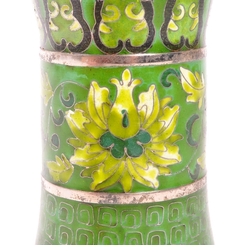 292 - A 19th Century Chinese cloisonne enamel green vase of beaker shape. The vase having decorative flora... 