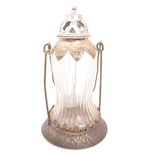 305 - A 20th Century glass and metal French porch lantern with a collection of other pewter items comprisi... 