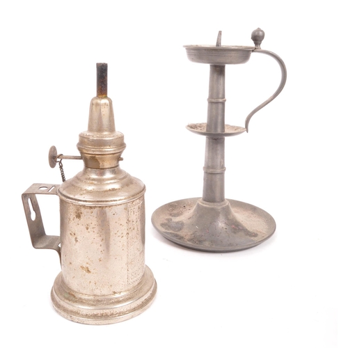 305 - A 20th Century glass and metal French porch lantern with a collection of other pewter items comprisi... 