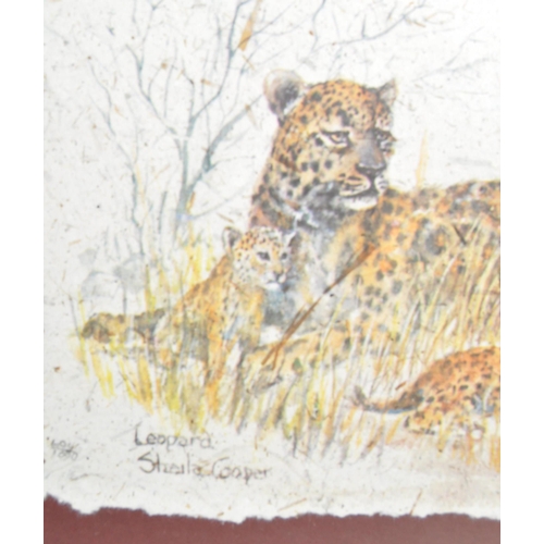 316 - Shiela Cooper - A limited edition print of elephant dung. Depicting a leopard wild cat with cubs. Pr... 