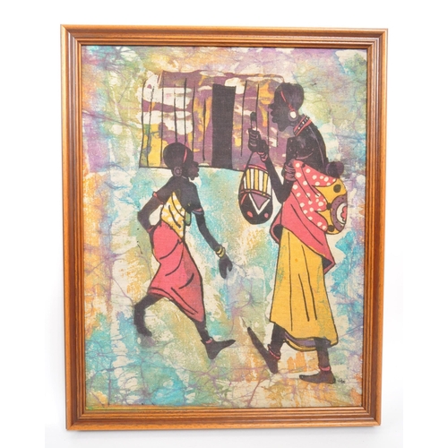 317 - Two vintage 20th century batik prints on fabric. African tribal depictions of female African figures... 