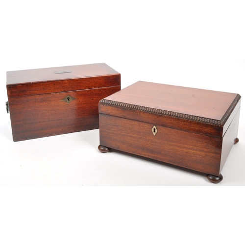 330 - An early 20th century mahogany jewellery box and tea caddy. The jewellery box raised on bun feet, wi... 