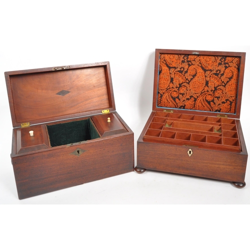 330 - An early 20th century mahogany jewellery box and tea caddy. The jewellery box raised on bun feet, wi... 