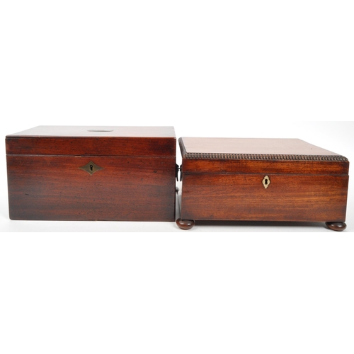 330 - An early 20th century mahogany jewellery box and tea caddy. The jewellery box raised on bun feet, wi... 