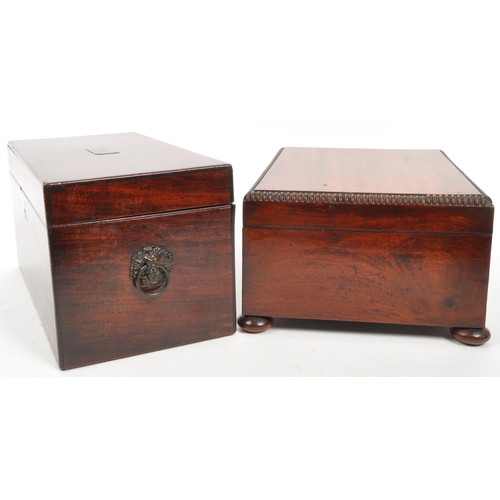 330 - An early 20th century mahogany jewellery box and tea caddy. The jewellery box raised on bun feet, wi... 