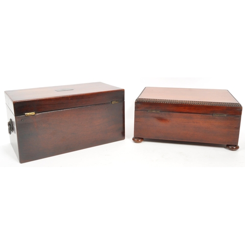 330 - An early 20th century mahogany jewellery box and tea caddy. The jewellery box raised on bun feet, wi... 