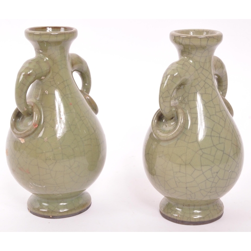 349 - Two vintage Chinese crackle glaze baluster vases. Oliver green with elephant head and ring handles. ... 