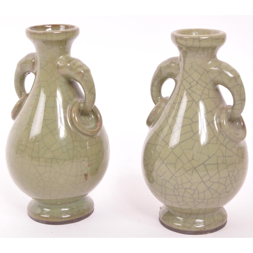 349 - Two vintage Chinese crackle glaze baluster vases. Oliver green with elephant head and ring handles. ... 