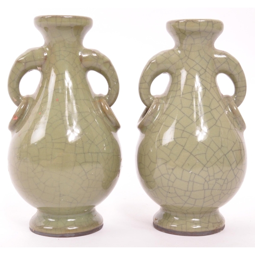 349 - Two vintage Chinese crackle glaze baluster vases. Oliver green with elephant head and ring handles. ... 