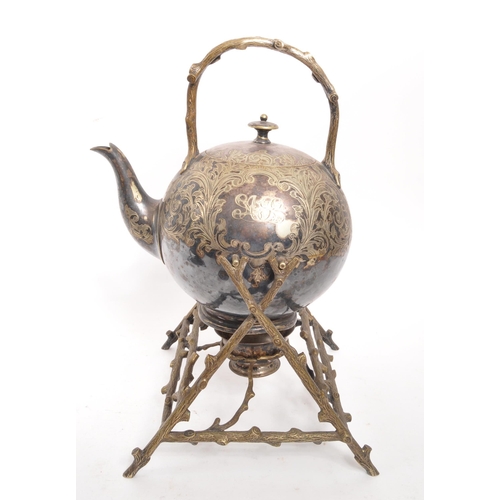 360 - 19th century Victorian silver plate teapot on stand with three place egg coddler. The hot water kett... 