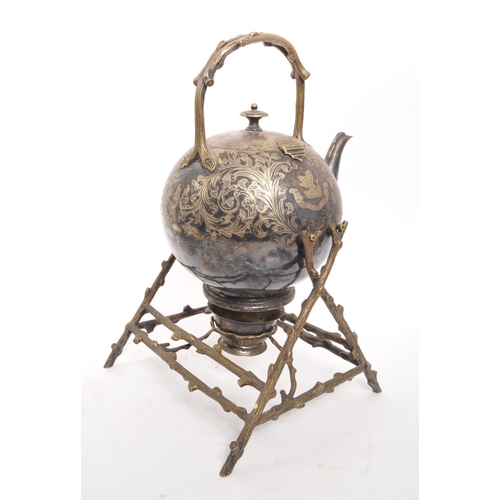 360 - 19th century Victorian silver plate teapot on stand with three place egg coddler. The hot water kett... 