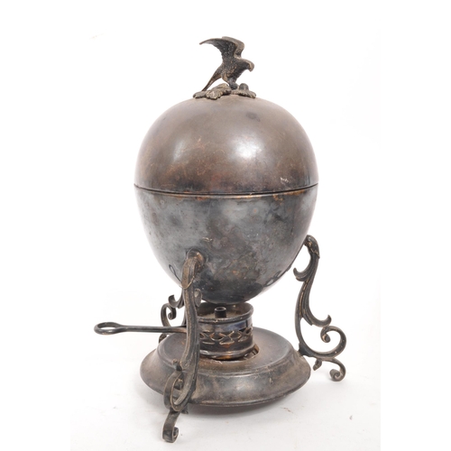 360 - 19th century Victorian silver plate teapot on stand with three place egg coddler. The hot water kett... 