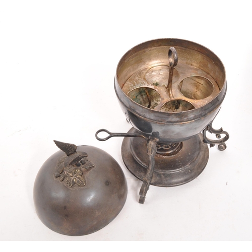 360 - 19th century Victorian silver plate teapot on stand with three place egg coddler. The hot water kett... 