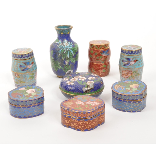 381 - A collection of x8 vintage Chinese Cloisonne enamelled trinket pots decorated with floral motifs, bi... 