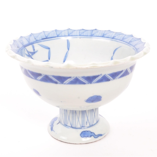 382 - An early 20th Century circa 1920s Chines blue and white tazza bowl painted with blue bamboo decorati... 