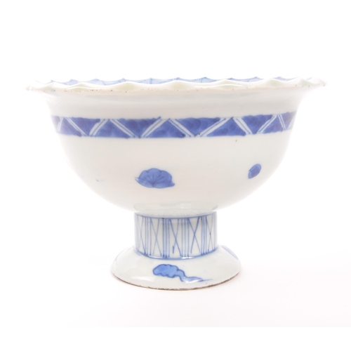 382 - An early 20th Century circa 1920s Chines blue and white tazza bowl painted with blue bamboo decorati... 