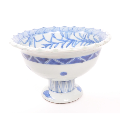 382 - An early 20th Century circa 1920s Chines blue and white tazza bowl painted with blue bamboo decorati... 